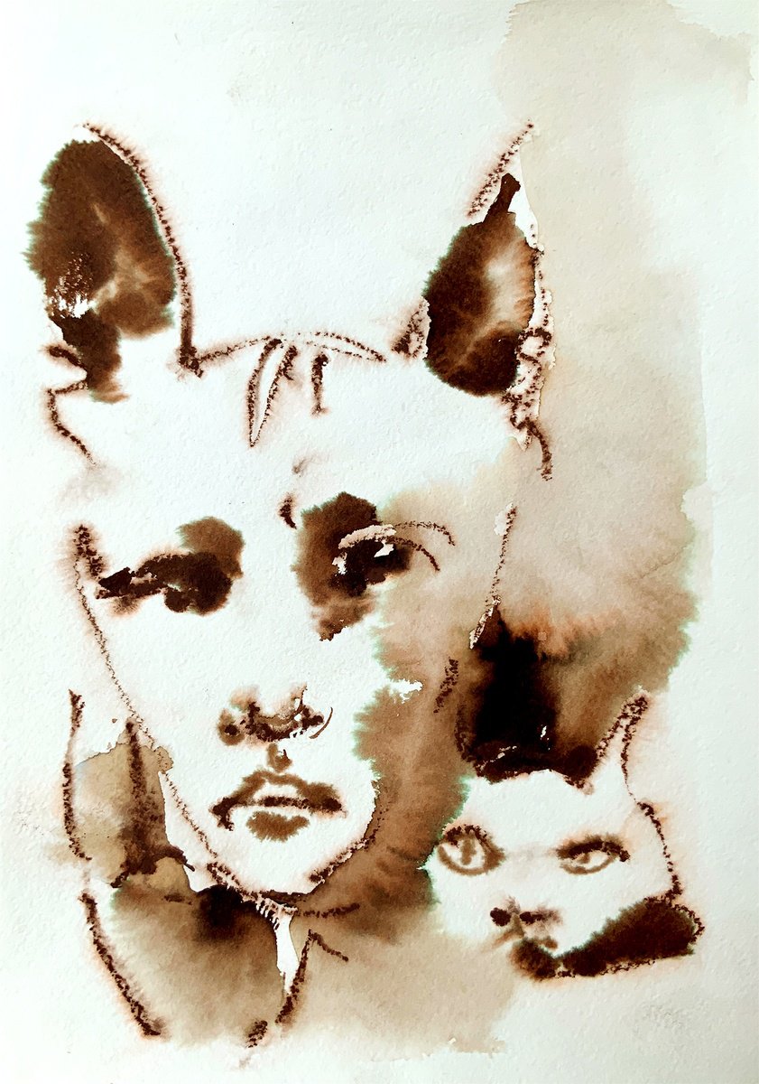 Graphic Portrait Ink Drawing By Alexandra Jagoda (Ovcharenko), 8 X 11, Woman Cat Enigmatic Companions, Original Artwork