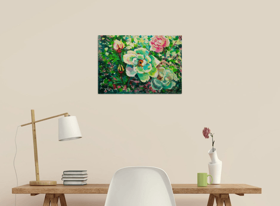 White rose hip, Wild Rose Painting Flower Original Art Abstract Floral Artwork 50x35 cm, ready to hang.