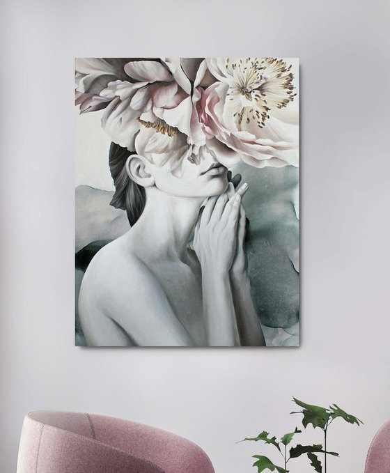 "Spring mood" Girl and flowers peony art