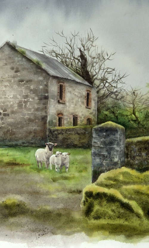 Old England Farmhouse in Early Spring by Olga Beliaeva Watercolour