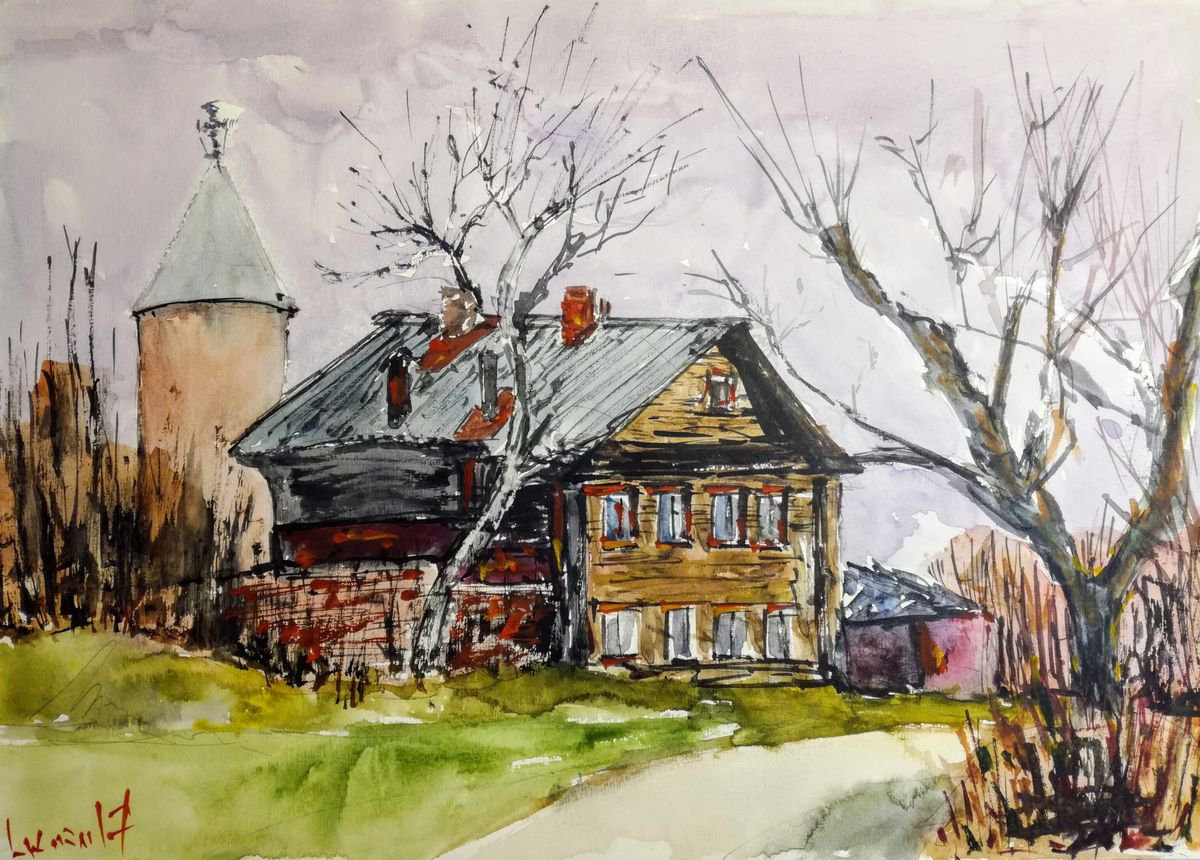 Impressionistic Cityscapes Watercolour By Leonid Kirnus, 17 X 12", Armenian Church In Late Autumn, Original Artwork