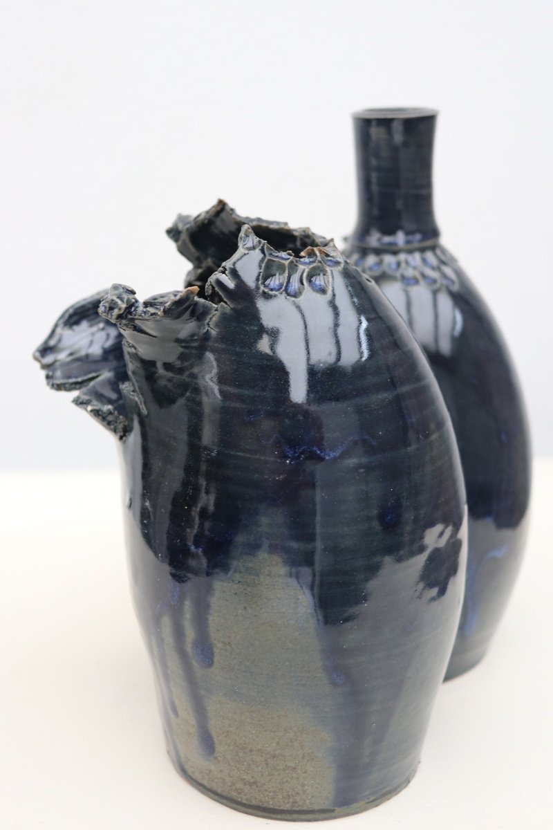 Geometric Abstract Clay Sculpture By Koen Lybaert, 5 X 6", Two Broken/Connected Vessels 2, Original Artwork