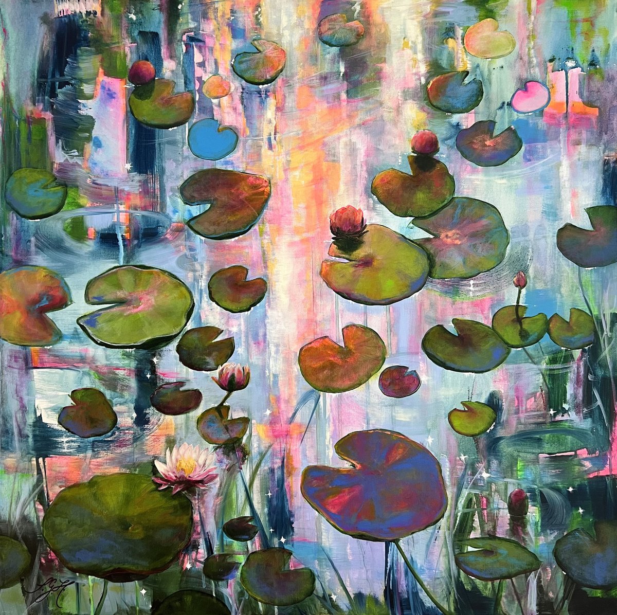 Impressionistic Botanical Acrylic Painting By Sandra Gebhardt-Hoepfner, 31 X 31", Always Waterlilies 7, Original Artwork