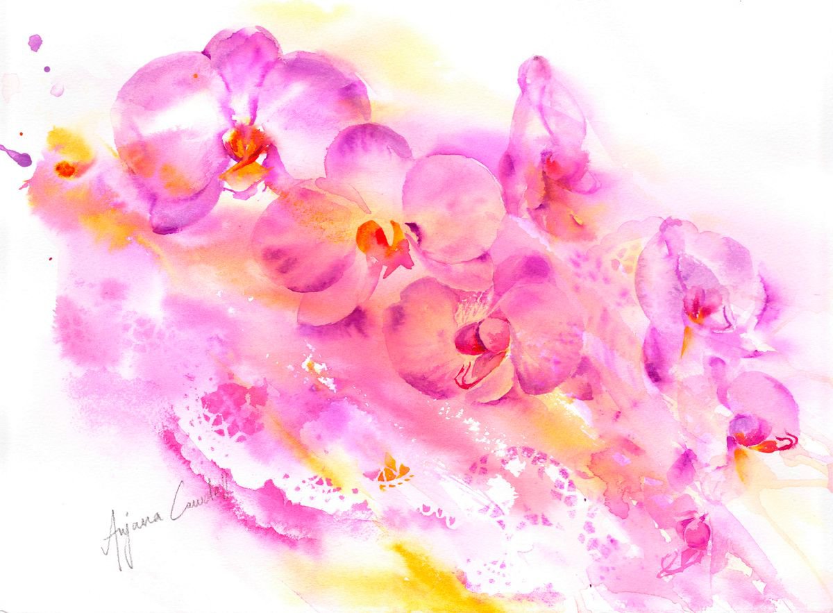 Orchid watercolour painting, Vibrant floral wall art, Orchid painting, Orchid wall art, Fl... by Anjana Cawdell