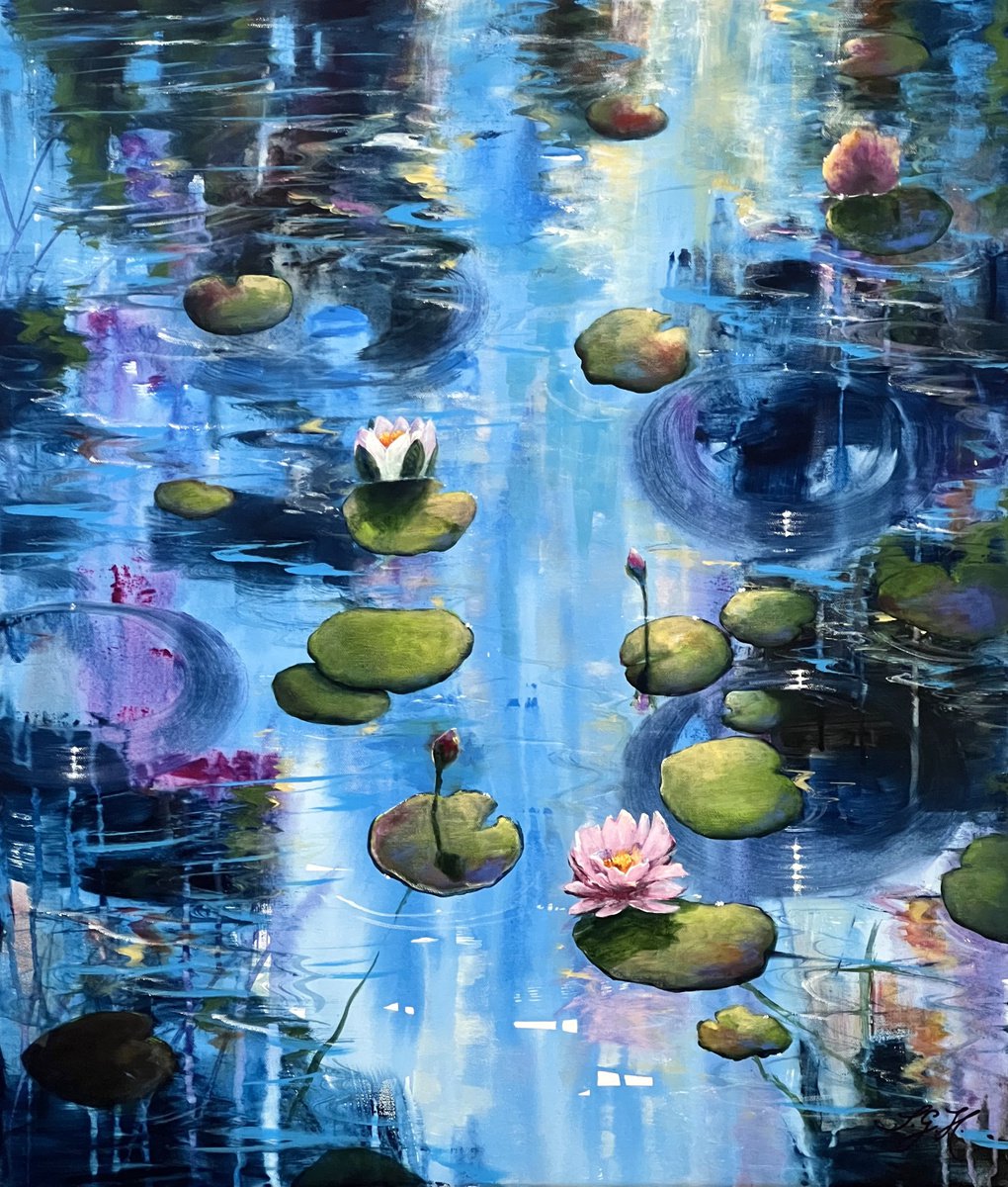 Impressionistic Landscape Acrylic Painting By Sandra Gebhardt-Hoepfner, 24 X 28", Always Waterlilies 3, Original Artwork