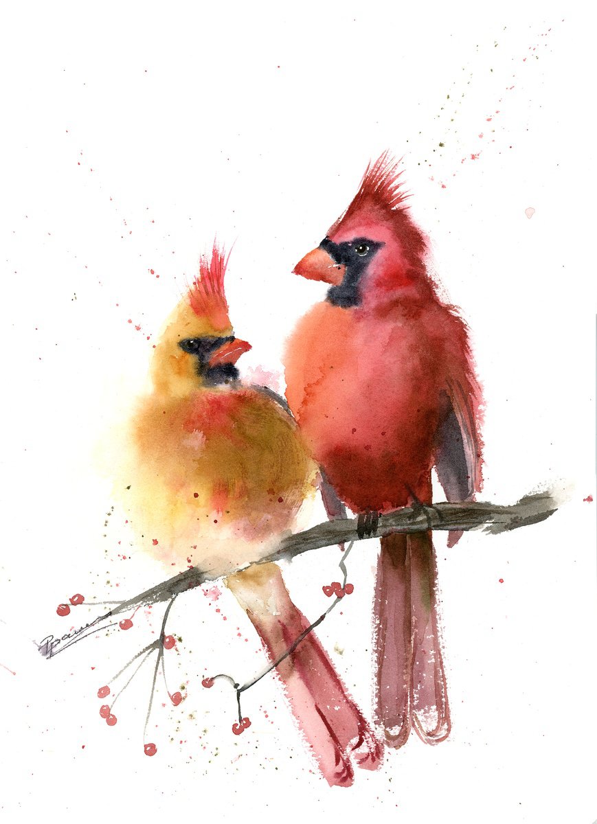 Impressionistic Animal Watercolour By Olga Tchefranov (Shefranov), 10 X 14", Two Cardinals, Original Artwork