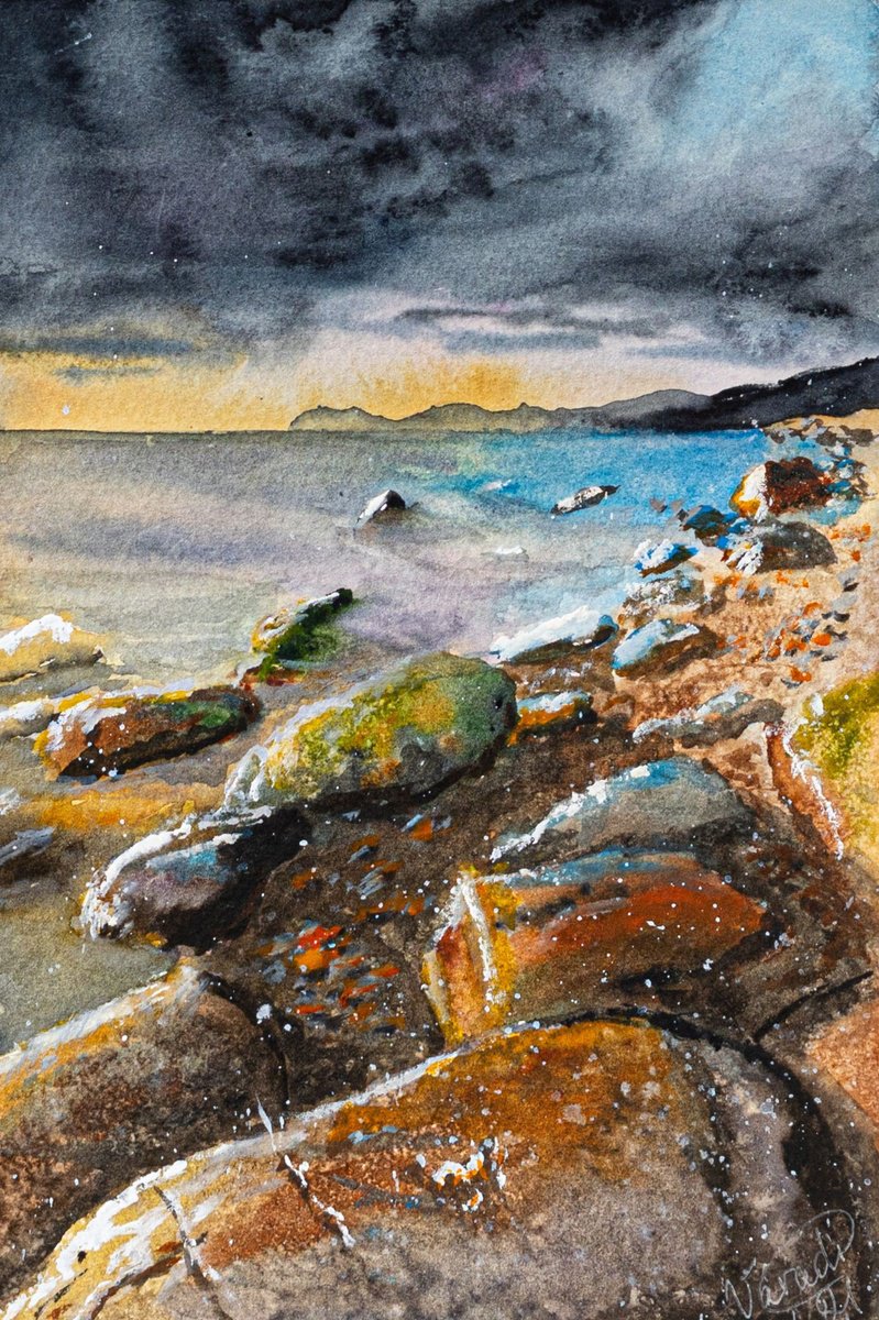 Expressive Landscape Watercolour By Catherine Varadi, 10 X 13, Sea Rocks, Original Artwork