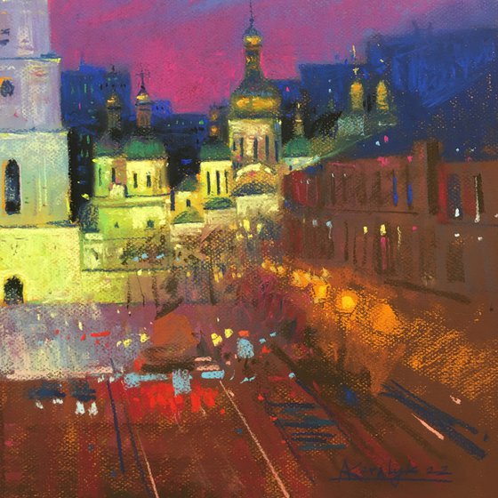 Night city Kyiv Ukraine Soft pastel 19.6x19.6 inch (50x50 cm)