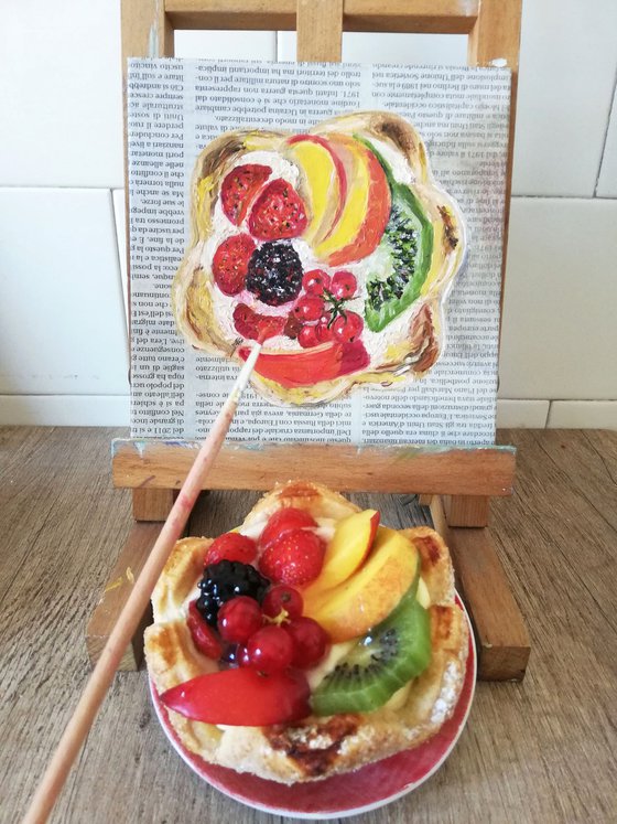 "Fruit Tart on Newspaper" Original Oil on Canvas Board Painting 6 by 6 inches (15x15 cm)
