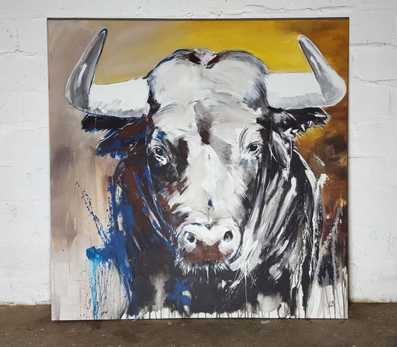 TAURUS #1 – Close up portrait of a bull **large Painting 100 x 100 cm