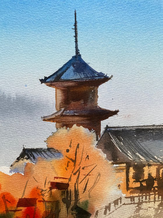 Pagodas against mountains, original watercolor painting medium size, on paper blue and orange