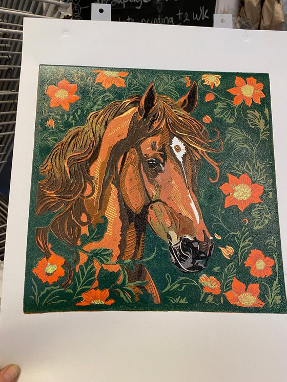 Horse – reduction linocut print