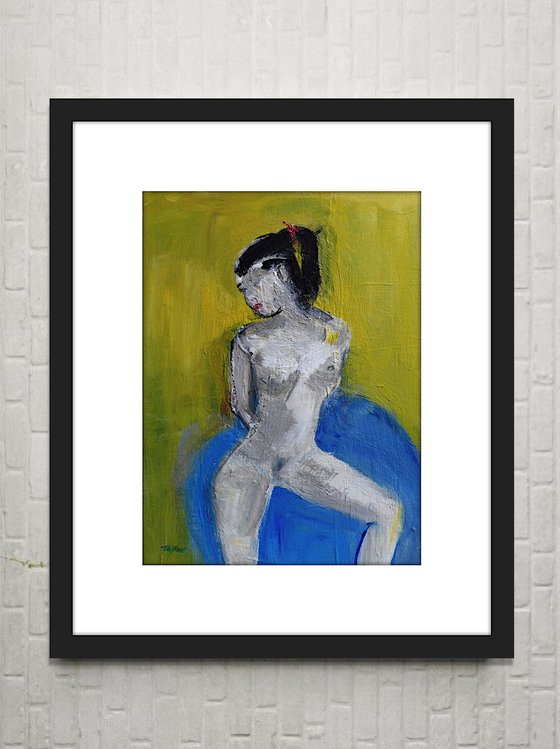 SUBTLE NUDE FEMALE, RED RIBBON, on BLUE.