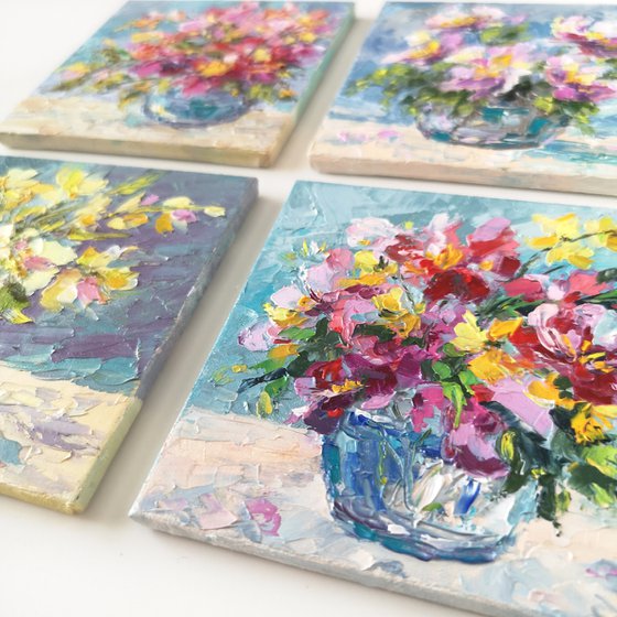 Bright flowers. Floral painting set of 4 small artworks