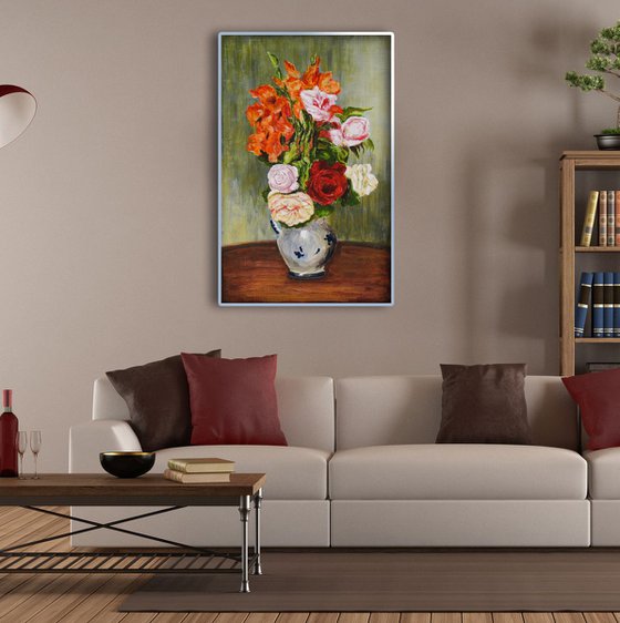 Roses and gladioluses in the vase Acrylic painting by Ludmila Kovalenko ...