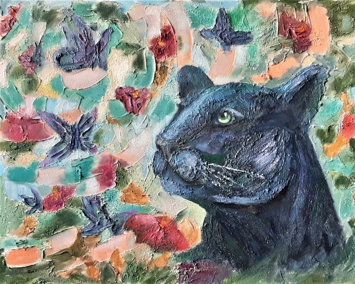 One day in the next life. Black Panther. oil painting. home decor, original gift by Elena Bondareva