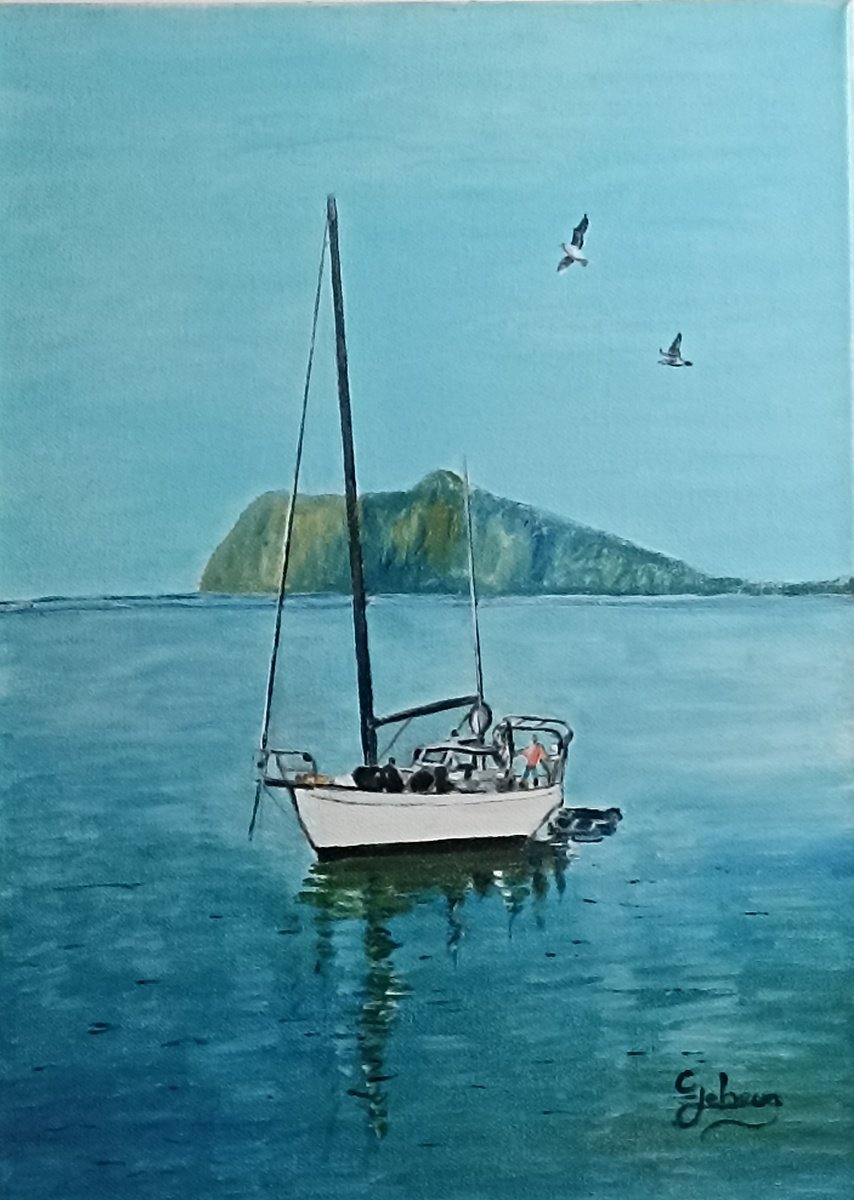 Impressionistic Landscape Oil Painting By Isabelle Lucas, 13 X 18, Boat And Mountain, Original Artwork