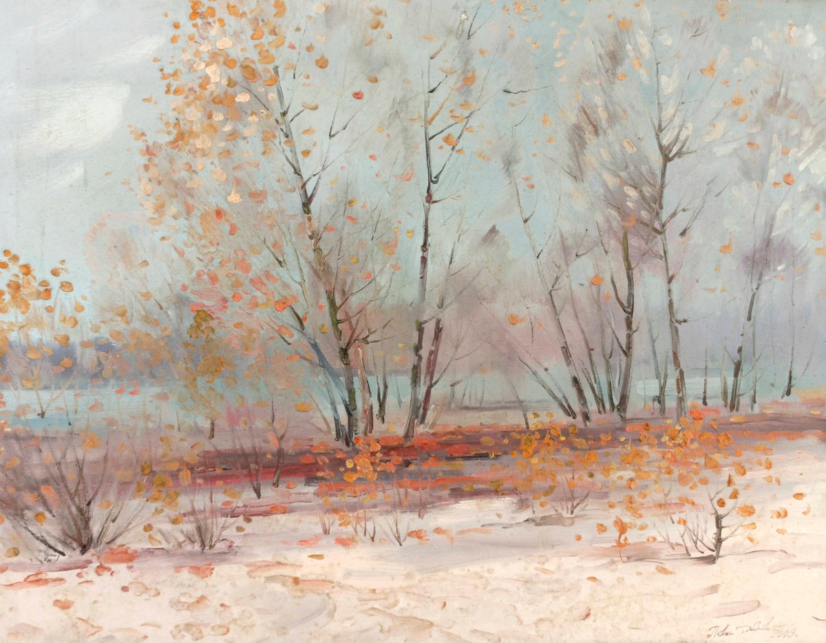 Impressionistic Landscape Oil Painting By Peter Tovpev, 28 X 22", Early Winter, Original Artwork