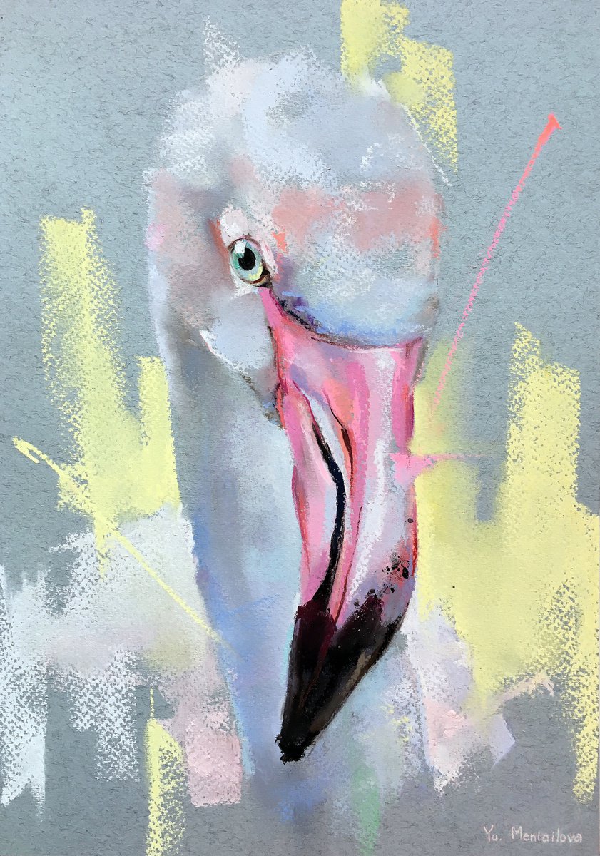 Flamingo - White Bird - Pastel drawing by Yuliia Meniailova