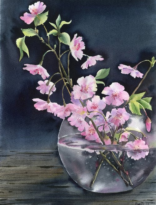 Still life with cherry blossoms in a vase. by Evgeniya Mokeeva