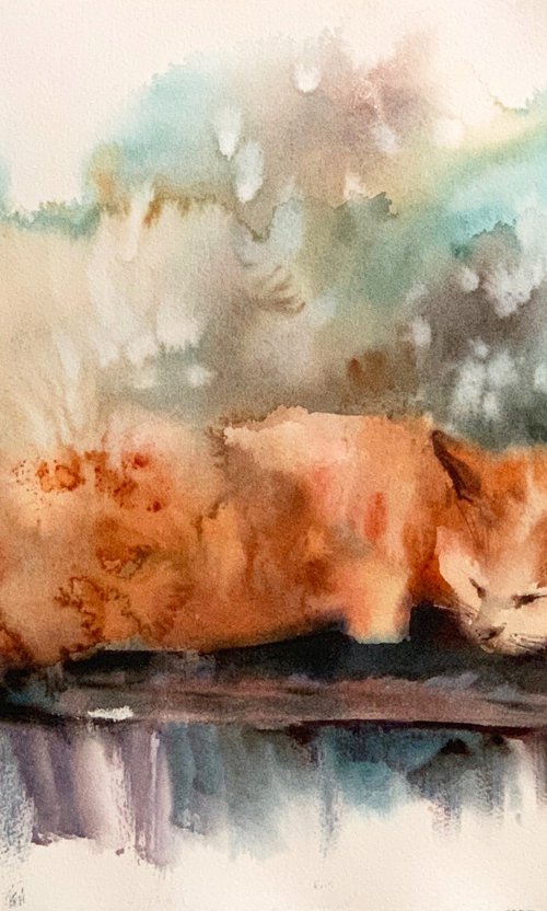 Siesta. Cat watercolor painting. by Sophie Rodionov