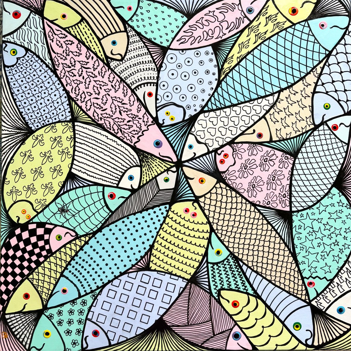 Animal Acrylic Painting By Lena Smirnova, 31 X 31", Kettle Of Fish, Original Artwork