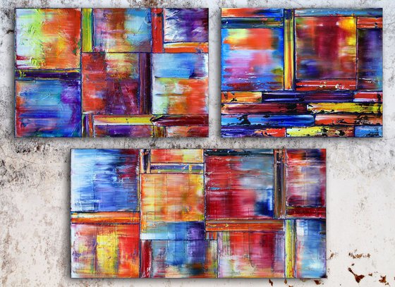 "Triplets" - Save As Series - Original Extra Large PMS Abstract Triptych Oil Paintings On Canvas - 66" x 48"