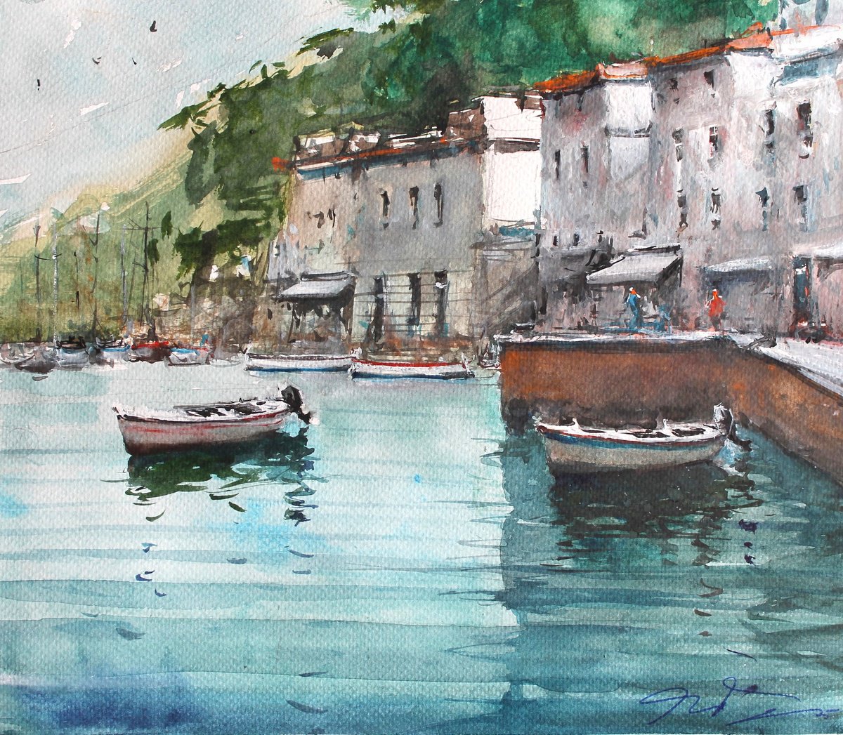 Impressionistic Landscape Watercolour By Maximo Damico, 13 X 11", Amalfi Boats And Town Ii, Original Artwork