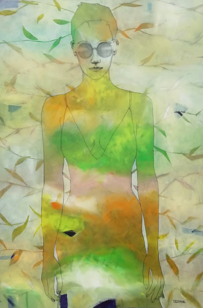 Expressive Portrait Acrylic Painting By Francisco Santos, 39 X 59, Holidays On Nazare Beach 2, Original Artwork