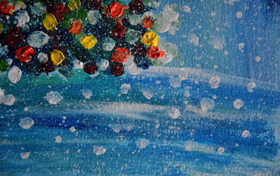 Christmas tree original acrylic painting, New Year pine tree picture, winter snow landscape