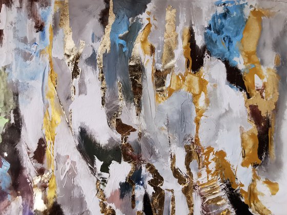 Large abstract painting on canvas, Sparkling gold leaf artwork with texture.