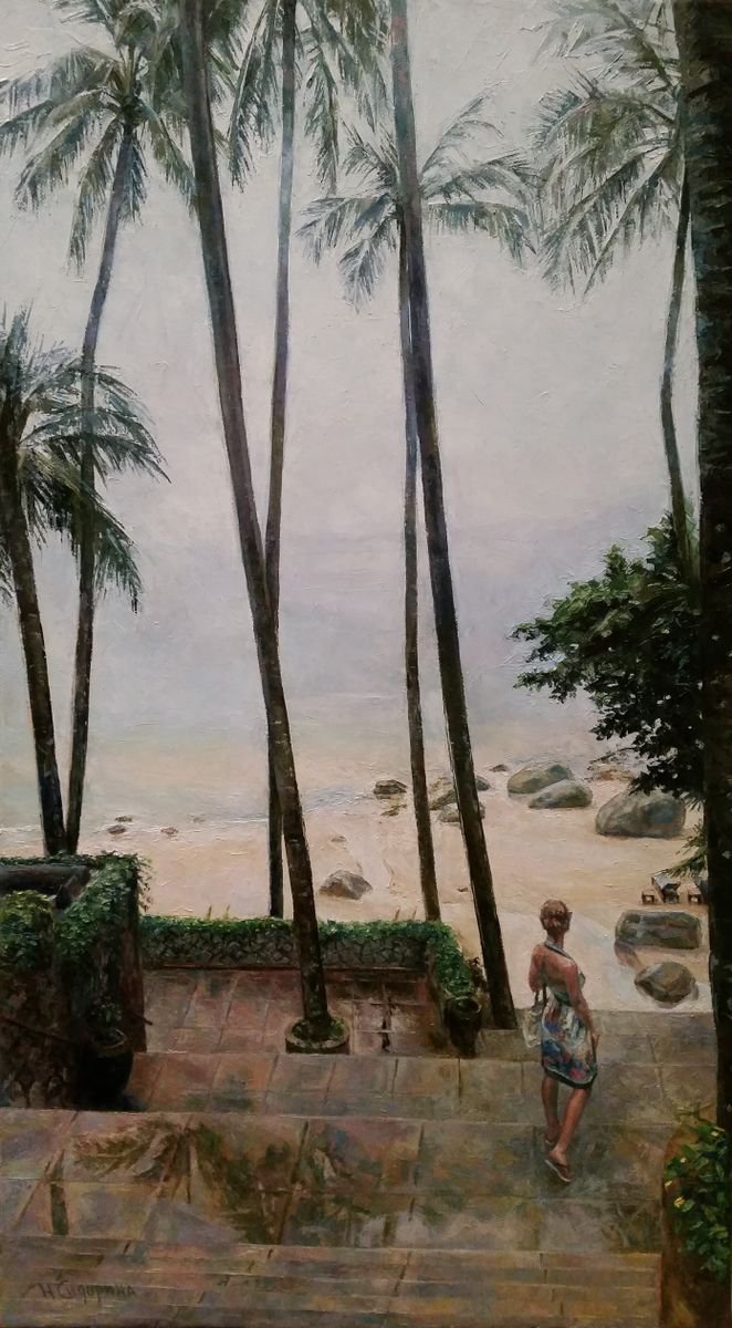 Impressionistic Landscape Oil Painting By Natalia Sidorina, 17 X 31", The Surin Beach, Thailand, Original Artwork