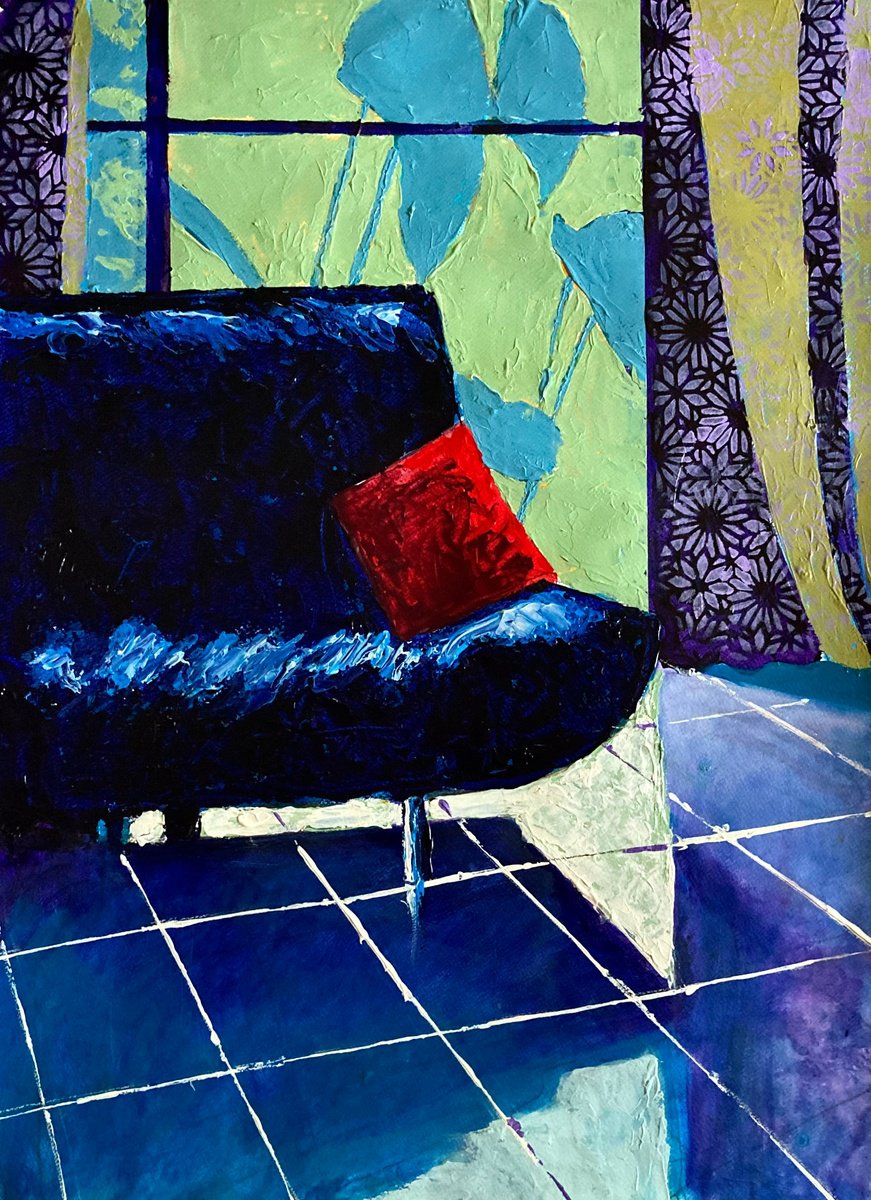 Impressionistic Still Life Acrylic Painting By John Cottee, 22 X 30, Red Cushion, Original Artwork