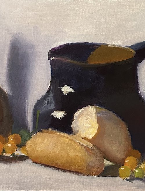 Blue Pitcher with Bread & Yellow Tomatoes by Elizabeth B. Tucker