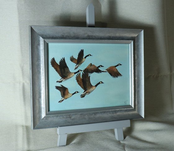 Flying, Geese Painting, Bird Artwork, Framed and Ready to Hang