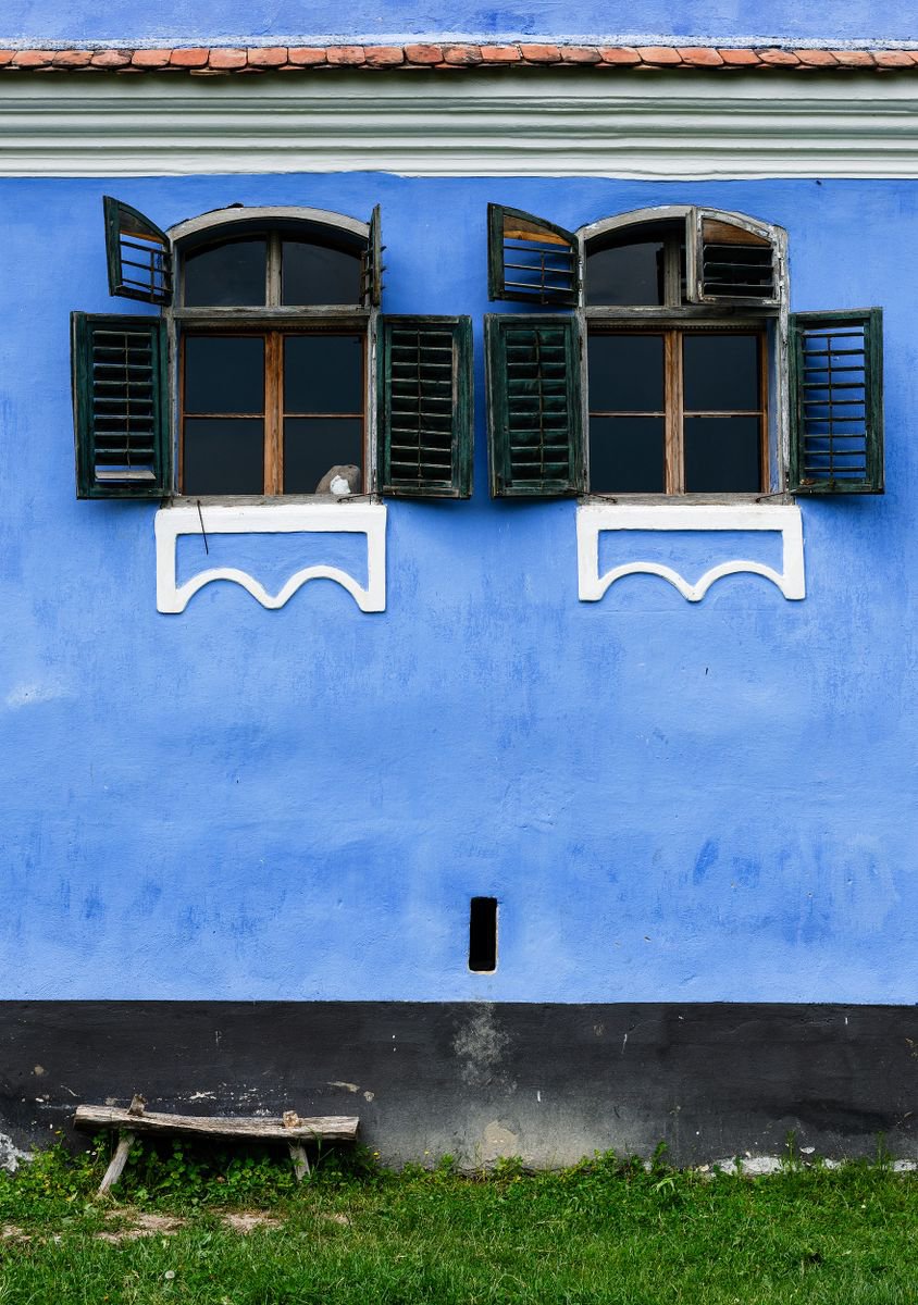 Photorealistic Cityscapes Photograph By Tom Hanslien, 33 X 47", Transylvanian Blue Saxon Facade, Original Artwork