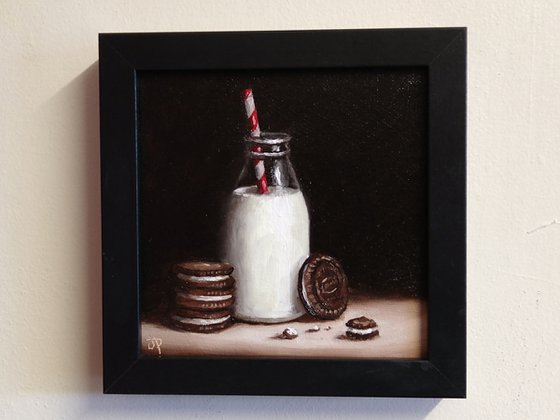 Milk and Oreo cookies framed still life