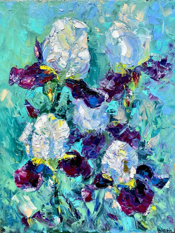 Iris - A pleasure of light, 35*45cm, impressionistic flowers oil painting in violet and turquoise