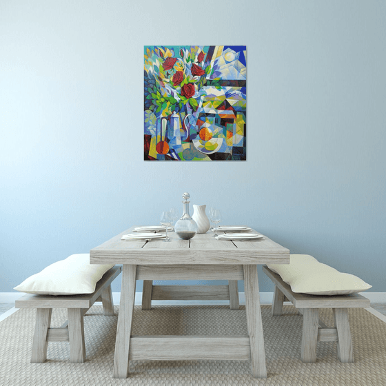 Still life with roses (80x90cm, cubism, oil painting, ready to hang)