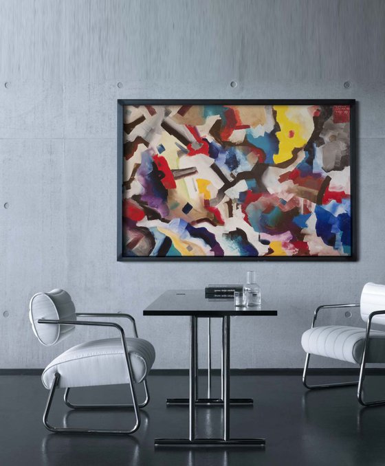 Signature on red square -Large Abstract Painting