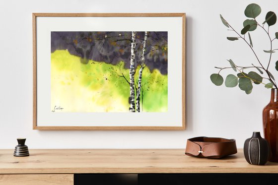 Birch Trees Landscape and Stormy Sky Nature Watercolor Painting