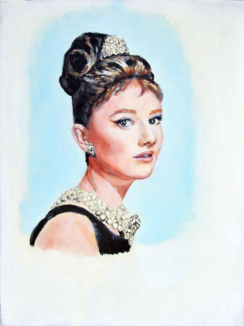 portrait of Audrey Hepburn, Breakfast at Tiffany, portrait, oil painting Audrey Hepburn, Audrey Hepburn art by Anna Brazhnikova