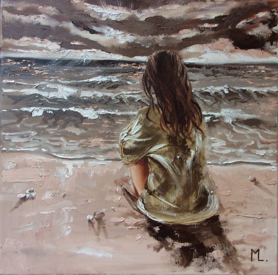 " LISTENING TO THE SEA ... " original painting SEA spring palette knife GIFT