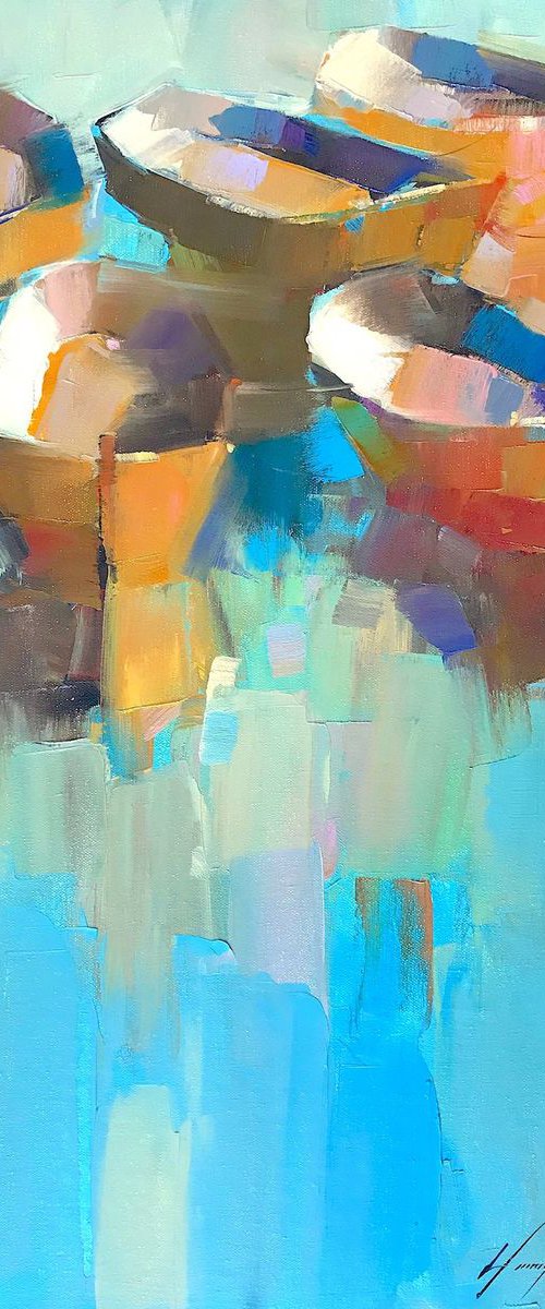 Rowboats, Original oil painting, Handmade artwork, One of a kind by Vahe Yeremyan