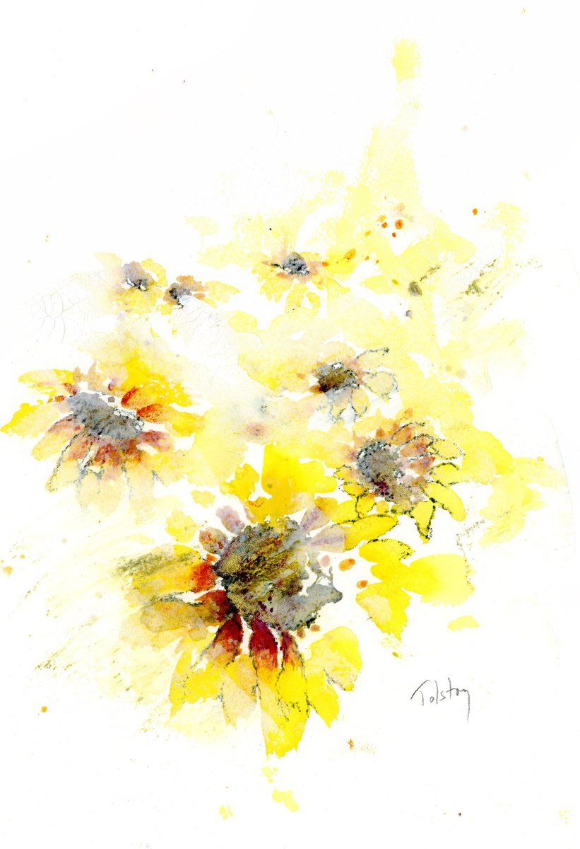 Impressionistic Botanical Watercolour By Alex Tolstoy, 10 X 14, Colorfull Rudbeckia, Original Artwork