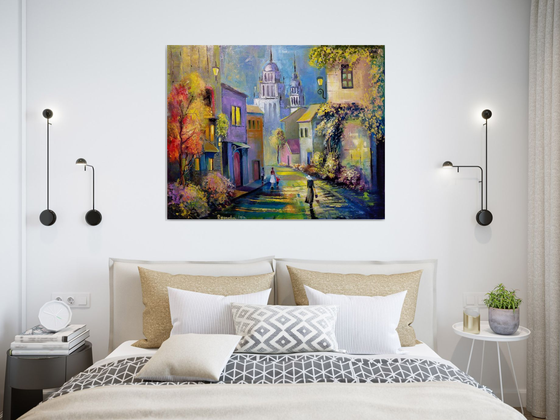 " Morning in Italy " - 100 x 80cm Original Oil Painting Large XL Landscape old Cityscape