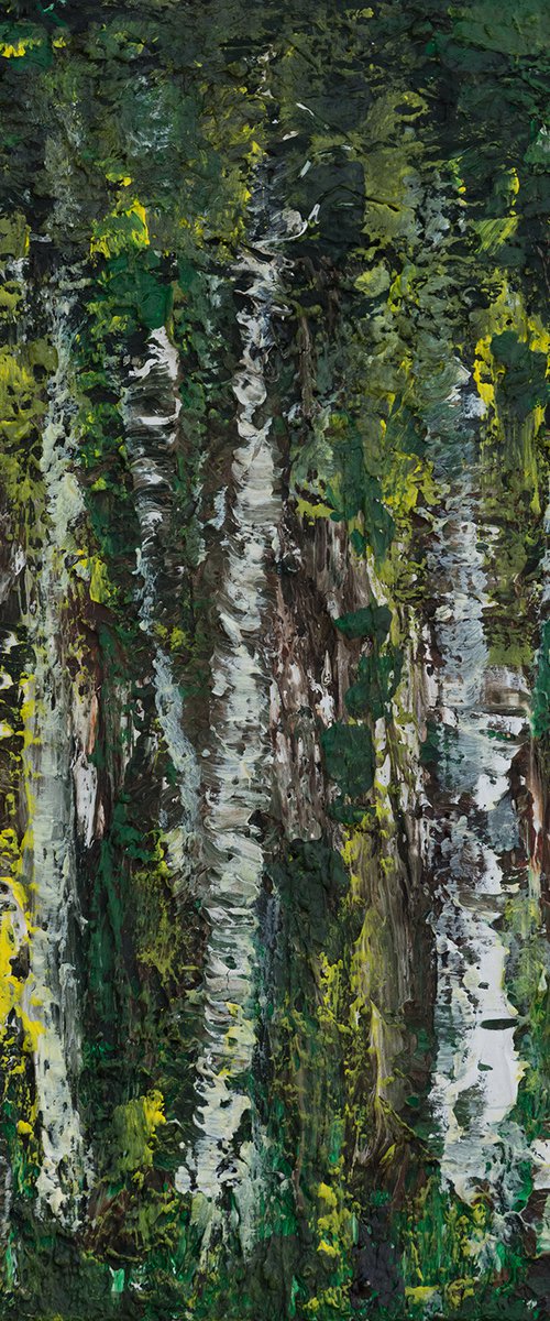 Birch Grove - expressive painting with strong textures by Peter Zelei