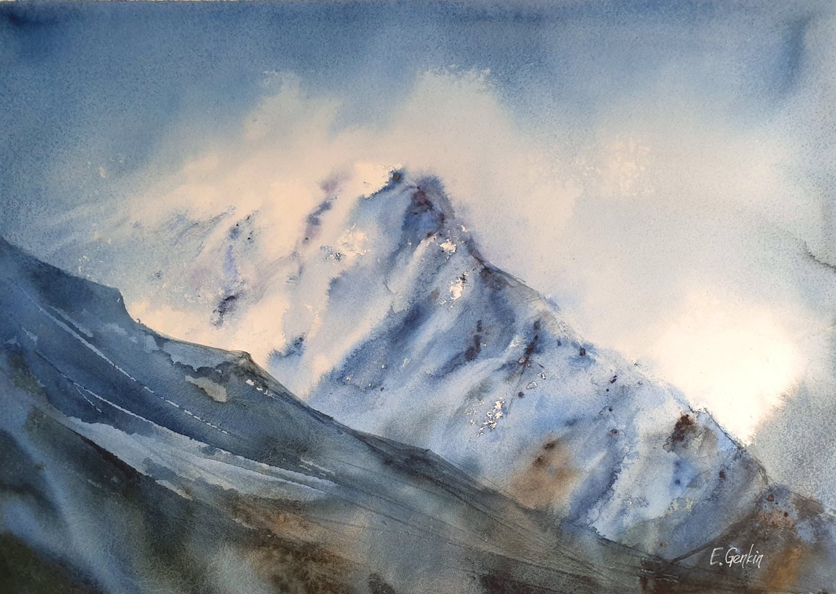 Impressionistic Watercolour , Staying On The Top Of A Snowy Mountains By Elena Genkin, 20 X 14, Artwork For Sale On Artfinder