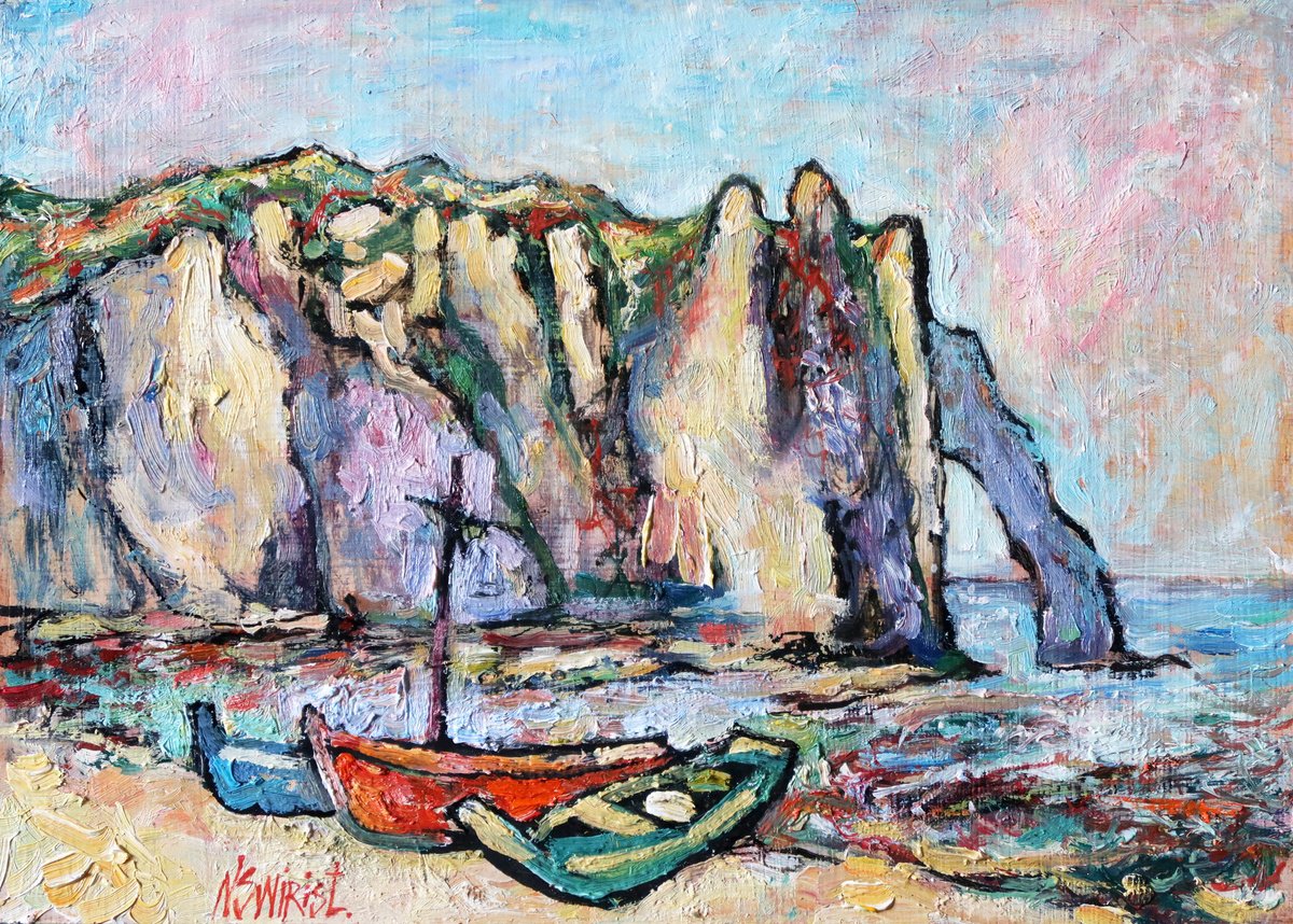 Boats in Etretat. by Nikifor Swiristuhin