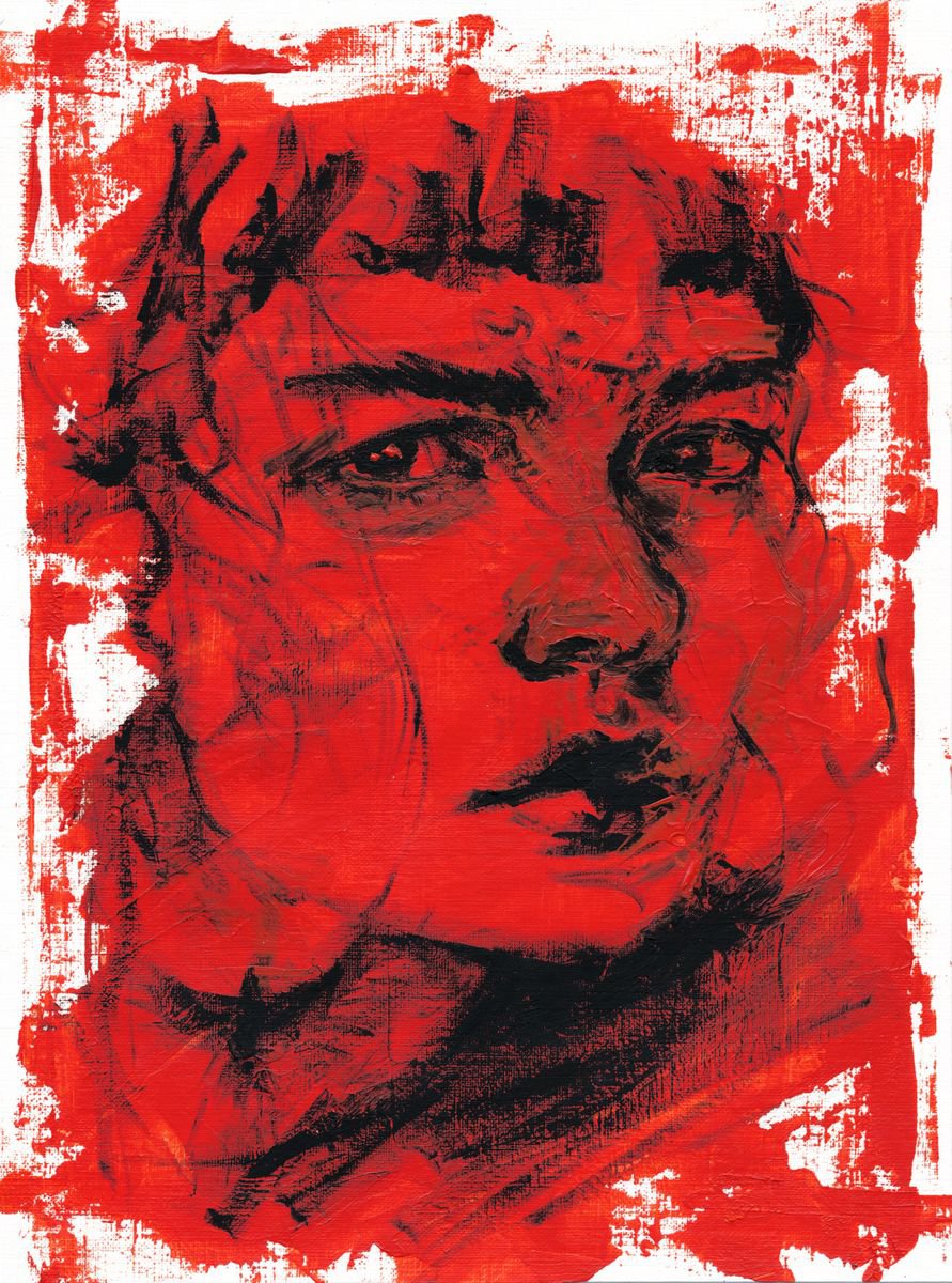 Expressive Portrait Acrylic Painting By Doriana Popa, 9 X 12, Red Untitled Iii, Original Artwork